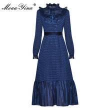 MoaaYina Fashion dress Autumn Women's Dress Stand Collar Long sleeve Ruffles Striped Vintage Elegant Dresses 2024 - buy cheap
