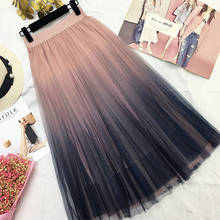 Long Tulle Skirt Women 2020 Autumn Gradient Korean Elegant High Waist A-line Pleated School Midi Skirt Female 2024 - buy cheap
