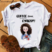 Camiseta feminina café e a shot de cynicismo, camiseta de manga curta casual da moda para mulheres 2024 - compre barato