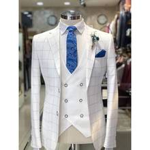 Terno masculino lapela xadrez branca, conjunto com 2 botões, casamento do noivo, jaqueta slim fit + calça + colete 2024 - compre barato