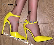 Linamong Claasical Стиль острый носок Лакированная кожа высокий тонкий каблук туфли-лодочки желтого и красного цветов туфли на высоком каблуке с ремешком на щиколотке, большие размеры, женская обувь 2024 - купить недорого