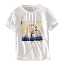 Camiseta de marca de verano para hombre, camisa blanca de lino, informal, con cuello redondo, de manga corta 2024 - compra barato