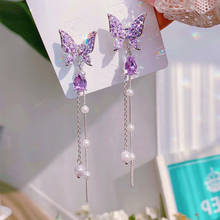 2021 Fashion Korean Shiny Butterfly Rhinestone Drop Earrings For Women Elegant Pearl Tassel Pendientes Party Jewelry 2024 - buy cheap