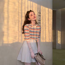 French Niche Early Spring Casual Striped Short Sleeve + White Pleated Skirt Two-piece Suit 2024 - buy cheap