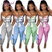 Women US Dollar Print Corset Two Piece Set Summer Sexy Off Shoulder Crop Tops Pant Suit Party Club Matching Set Outfit Tracksuit 2024 - buy cheap