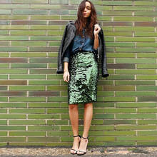 Green Women Skirt Sequin Zipper Short Skirt Slim Pencil Skirt Femininas Elegant Ladies Party Wear Sequin Skirts 2024 - buy cheap