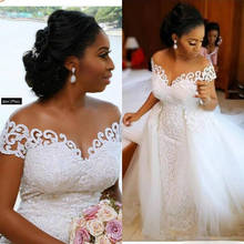 Sexy African Nigerian Mermaid Wedding Dresses With Detachable Train  Applique Sheer Off The Shoulder Short Sleeve Bridal gown 2024 - buy cheap