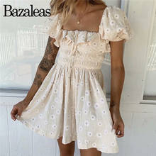 Bazaleas Vintage Cream Floral embroidered women Dress Holiday Ruffles Elastic Bust dress women chic Pleated Dress vestidos 2024 - buy cheap