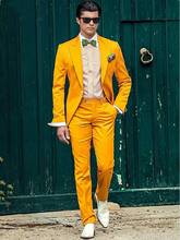 Красивое желтое мужское вечернее платье, Коктейльные деловые костюмы, смокинг для жениха с пиковым отворотом на заказ (пиджак + брюки + галстук-бабочка) W:796 2024 - купить недорого