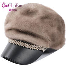 Gorro de visón de piel auténtica para mujer, gorros informales con pelo, gorra con visera, de invierno, novedad 2024 - compra barato