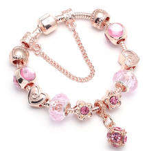 Rosa de ouro diy charme pulseira com amor coração pingente grânulos marca pulseiras como mulheres amante moda jóias presentes 2024 - compre barato