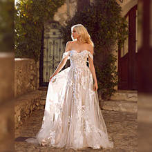 Кружевные свадебные платья 2019, с открытыми плечами, с аппликацией, ТРАПЕЦИЕВИДНОЕ платье невесты, свадебное платье принцессы, свободное коктейльное платье de mariee 2024 - купить недорого