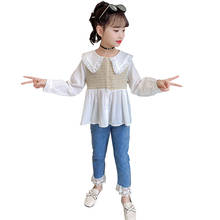 Children Clothes Plaid Blouse + Jeans Girls Clothing Lace Floral Clothes For Teenage Girls Casual Style Children's Suits 2024 - buy cheap