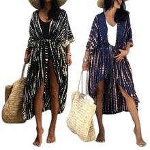 Women Swimsuit Bikini Cover Up 3/4 Sleeves Tie-Dye Striped Printed Open Front Kimono Cardigan Belted Waist Beachwear 2024 - buy cheap