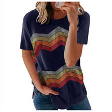 Camiseta casual feminina, gola redonda, manga curta, arco-íris, listras, harajuku, maré, 2021, camisa 2024 - compre barato