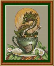 14/22/25ct Beautiful Counted Cross Stitch Kit Teacup Green Dragon and Moon Eastern God Monster 2024 - buy cheap