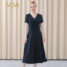 VOA-Vestido largo de manga corta con dobladillo plisado, vestido elegante de color azul marino, cuello en V, 30 m/m, decoración tridimensional, AE558 2024 - compra barato