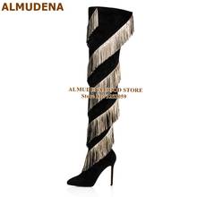 ALMUDENA Black Suede Gold Fringe Thigh High Boots Stiletto Heels Golden Tassel Over Knee Boots Plus Size46 Gladiator Dress Boots 2024 - buy cheap