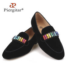 Piergitar new model black velvet men loafers with mixed colors rhinestone fashion party and banquet men's dress shoes plus size 2024 - buy cheap