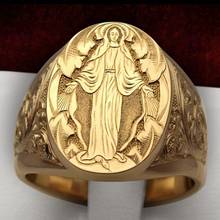 Anillo chapado en oro con emblema de la Virgen María para mujer, anillo religioso tallado a mano, joyería de Rock de hip hop para fiesta 2024 - compra barato