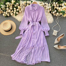 JulyPalette Vintage French Lantern Sleeve Dress Elegant Women Dot Chiffon Pleated Dress with Belt Holiday Female Maxi Vestidos 2024 - buy cheap