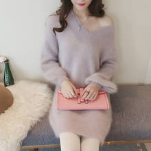 New Winter Women Sweater Pullover New Solid V-neck Lantern Sleeve Faux Mink Knitted Long Sweater Loose Casual Female Jumper Y271 2024 - buy cheap