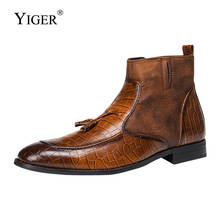 YIGER-Botas Chelsea para hombre, botines de piel, talla grande, color marrón, Invierno 2024 - compra barato