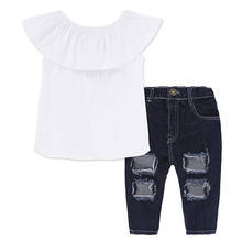 2Pcs Toddlers Summer Tracksuits, Solid Color Off-Shoulder Tops + Ripped Jeans Suit for Little Girls, 9 Months to 7 Years 2024 - buy cheap