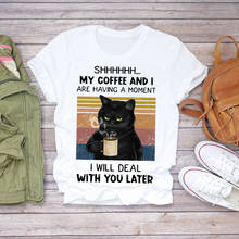 Women Cat Coffee Funny Printing Cartoon Fashion 90s Ladies Print Lady T-shirts Top Womens Graphic T Shirt Female Tee T-Shirt 2024 - buy cheap