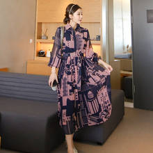 New 2021 Spring Summer Printed Chiffon Long Maxi Shirt Dress for Women Turn Down Collar Long Sleeve Ladies A-line Party Dress 2024 - buy cheap