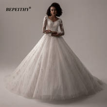 BEPEITHY Glitter Lace Wedding Dress For Bride Luxury V Neck Ball Gown Ivory Bridal Gown Full Sleeves 2021 New Arrival 2024 - buy cheap