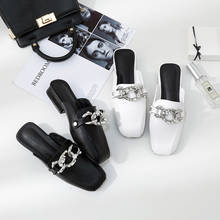 mules shoes woman square toe metal chain slippers black/white leather sandals slides crystal flip flops low heels slippers women 2024 - buy cheap