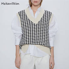 Autumn Women Knitted Sweater 2020 Casual V neck Sleeveless Loose Vest Tops Korean Vintage Houndstooth Pullover 2024 - buy cheap