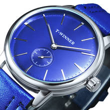 Relógio winner oficial masculino, relógio minimalista azul mecânico com pulseira de couro casual ultra fino 2024 - compre barato
