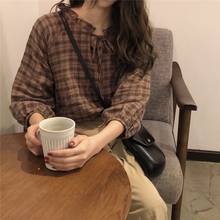 Blusa informal de algodón a cuadros para Primavera, camisa de manga larga con cuello vuelto sueltos para mujer, 2019 2024 - compra barato