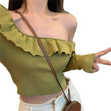 Sweet Ruffle Off-shoulder Knit Tops Women 2021 New Spring Avocado Green Vintage Slim Short Tops Long-sleeve T-shirt NS2564 2024 - buy cheap