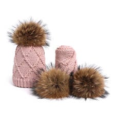 Winter Children Hat Cap Scarf Sets Nature Fur Pom Pom Girl Boy Baby Kids Knitted Crochet Beanies Skullies Hats Real Fur Pompom 2024 - buy cheap