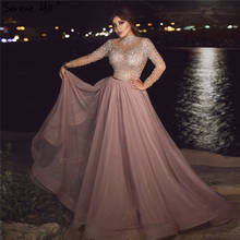 Serene Hill Pink High Collar Diamonds Evening Dress Design 2020 Long Sleeves Tulle Formal Party Gown Long CLA70224 2024 - buy cheap