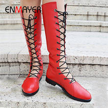 ENMAYER Lace-Up PU Round Toe Knee High Boots Autumn Square Heel Solid Short Plush Shoes Woman Cross-tied Snow Boots Women Black 2024 - buy cheap