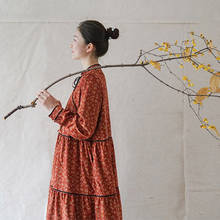 Scuwlinen 2021 vestido feminino primavera outono vintage artsy impressão de manga longa veludo longo algodão vestido doce laço solto robe p350 2024 - compre barato