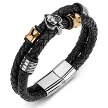 New Men Bracelets Braided Leather Rope Chain Stainless Steel Spades Skull Punk Bangle Jewelry Male Wrist Band Wholesale P192 2024 - buy cheap