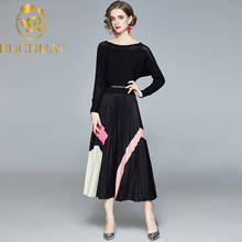 2020 New Korean Style Elegant Knitted Splicing Dresses Long sleeves Slim Frenulum Dresses Casual Temperament Pleated Dresses 2024 - buy cheap