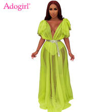 Adogirl-Vestido largo de malla transparente para mujer, traje Sexy de color verde fluorescente, con volantes en los hombros, cuello en V, Vestido largo de fiesta para Club nocturno 2024 - compra barato