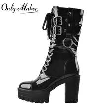 Onlymaker Women Black Platform Patent Leather Lace Up Mid Calf Chunky High Heels Booties Side Zip Big Size Lady Short Boots 2024 - buy cheap