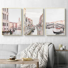 Pintura de parede de paisagem, arte de pintura em tela de venice itália, cidade rosa, poster de arquitetura, decoração de casa, estilo nórdico moderno 2024 - compre barato