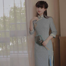 Chinese vintage Blue cotton and linen Daisy improved women's medium length dress cheongsam spring and summer New arrival Fashion 2024 - buy cheap