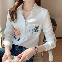 2021 Women White OL Chiffon Shirts Blouses Print Pockets Blouse Tops Button Neck Long Sleeve Chic Office Wear Woman Blusa Spring 2024 - buy cheap