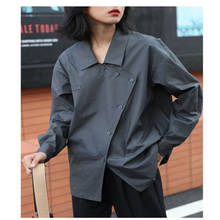 Blusa asimétrica de manga larga para mujer, blusa holgada de talla grande, color gris oscuro, temporada primavera y otoño 2024 - compra barato