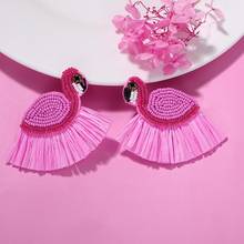 Dvacaman brincos boêmios artesanais de ráfia, brincos para mulheres com pingente de flamingos rosa de ráfia, brincos com borla, joias statement para presente 2024 - compre barato