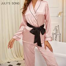 JULY'S SONG-Conjunto de pijama de seda satinada para mujer, ropa de dormir Sexy con pantalones de manga larga, a la moda, para primavera y verano, 2 piezas 2024 - compra barato